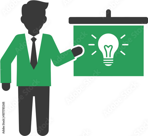 Professional presenter icon showcasing an innovative business concept or educational idea on a display board, symbolizing creativity and smart solutions for an audience