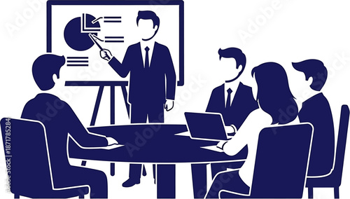 Business meeting with a presenter at a whiteboard and a team around a table in a modern office setting