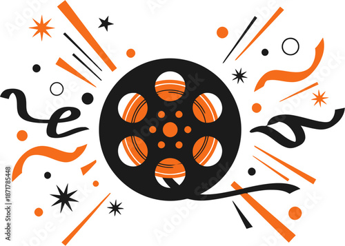 Celebration of Cinema Film Reel with Explosions of Orange Confetti and Stars
