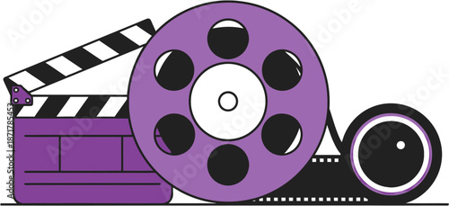 Dynamic purple film reel and clapperboard illustration, symbolizing movie making, video production, and the art of cinema entertainment