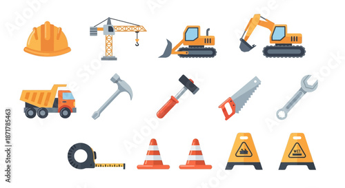 Collection of construction tools vehicles and safety equipment icons.