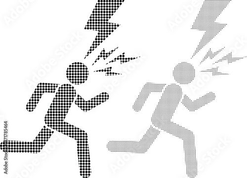 Two stylized human figures running rapidly under lightning bolts, suggesting stress, conflict, or intense competition.