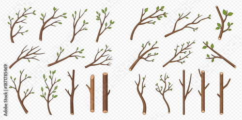 Set of vector illustrations of tree branches with and without leaves, perfect for spring and nature-themed designs.
