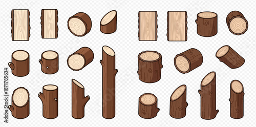 Set of cartoon wood logs and tree stumps, various shapes and sizes, isolated on transparent background.