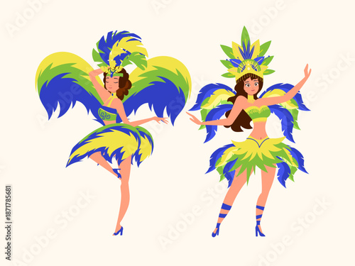 Two women in rio de janeiro carnival costumes perfect for travel brochures, event promotions, festivethemed designs, cultural publications, and party invitations.