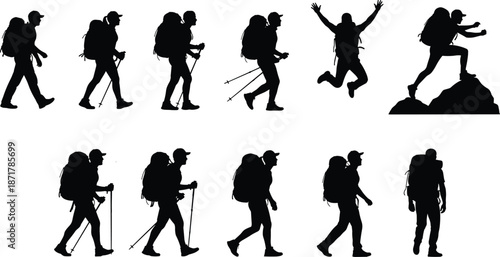 Hiking backpacker silhouette set showing trekking, walking, jumping, and mountain climbing poses isolated on white background for adventure design