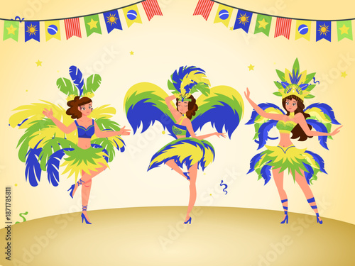Three vibrant feathered dancers in brazilian carnival costume, perfect for festive events and cultural celebrations marketing materials. Great for advertising.