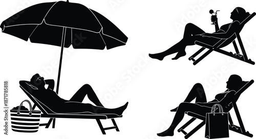 Beach vacation silhouettes, relaxing under umbrella, summer leisure, tropical getaway, cocktail moment, shopping bag, poolside chill, holiday escape, serene vibe