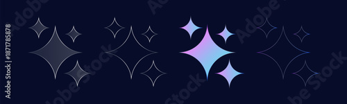 Subtle four-point star elements with glowing gradient effect illustrated on a deep navy background.
