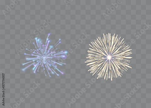 Multicolored Fireworks on Transparent Background. Festive Holiday Fireworks, Night Sky Celebration, Vector Illustration