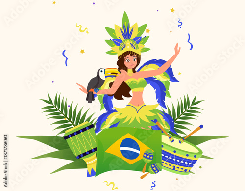 Brazilian woman in carnival costume dances by drums and flag. Ideal for festive, brazilianthemed designs and promotions. Vibrant and energetic imagery.