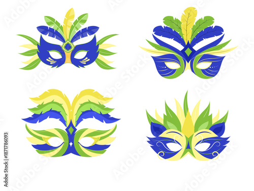 Four festive masks with feather decorations for mardi gras celebrations. Perfect for carnivalthemed designs, party invitations, and event promotions.