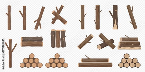 Set of realistic wooden logs and tree branches for construction and firewood.