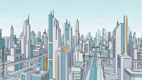Modern City Skyline Illustration with Tall Buildings and Sky.