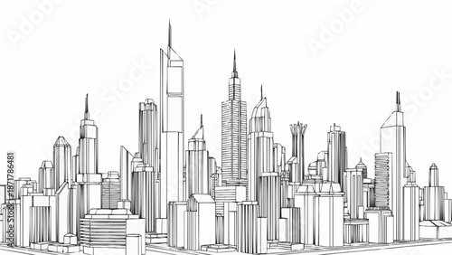 Modern City Skyline Sketch Architectural Drawing.