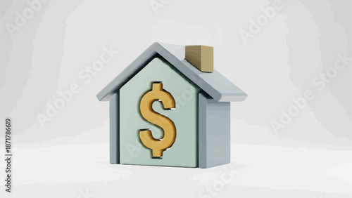 Miniature house with dollar sign on white background.