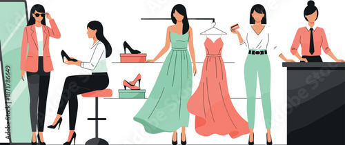 Fashion boutique shopping illustration with stylish women choosing dresses shoes and accessories vector design for retail clothing store concept