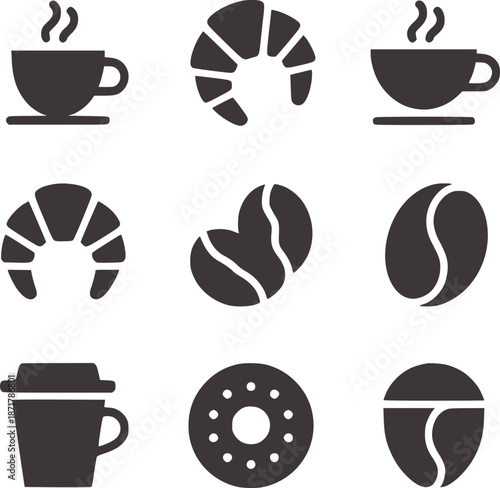 Dark gray of coffee cups croissants coffee beans and donut