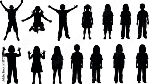Children silhouettes set with boys and girls standing and jumping poses, playful kid figures collection, black vector illustration isolated