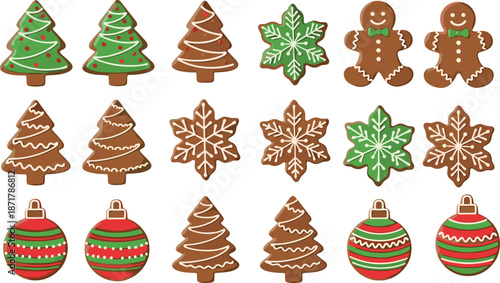 Christmas gingerbread cookie set with trees snowflakes ornaments and festive holiday bakery illustrations isolated on white background