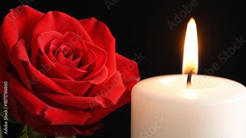 a lone Red Rose with delicate petals and subtle sheen, placed beside a lit Candle with a warm gentle flame, set against a sleek black background that provides ample copy space