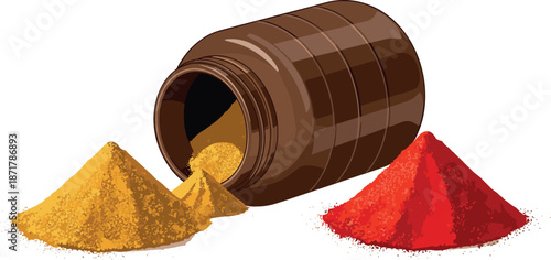 Colorful spice powder in jar with turmeric and chili piles, culinary seasoning ingredients concept, realistic vector illustration isolated