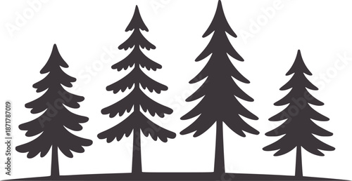 Four dark gray stylized pine trees a forest nature evergreen