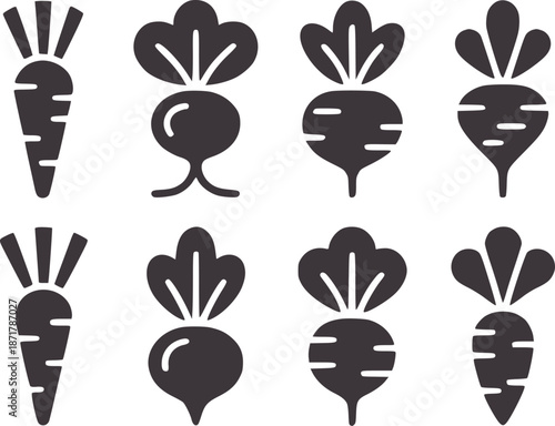 Four rows of two stylized dark grey root vegetables carrot beet food