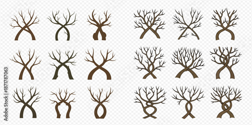 Set of creative abstract tree logo designs with intertwined branches, representing nature and growth.