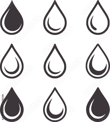 Nine gray water drop with varying fill levels and outlines liquid fluid