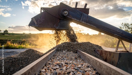 Crushed stones being poured from a conveyor belt into a container outdoors.