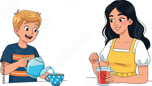 Cute cartoon boy and mother preparing drinks illustration happy family kitchen activity parenting lifestyle concept vector artwork