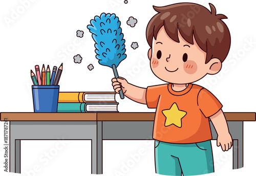 Cute cartoon boy cleaning desk illustration holding duster tidy room study concept child activity vector artwork design