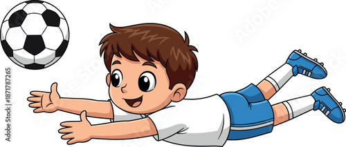 Cute cartoon boy diving to catch soccer ball illustration playful kid football action sports character isolated white background