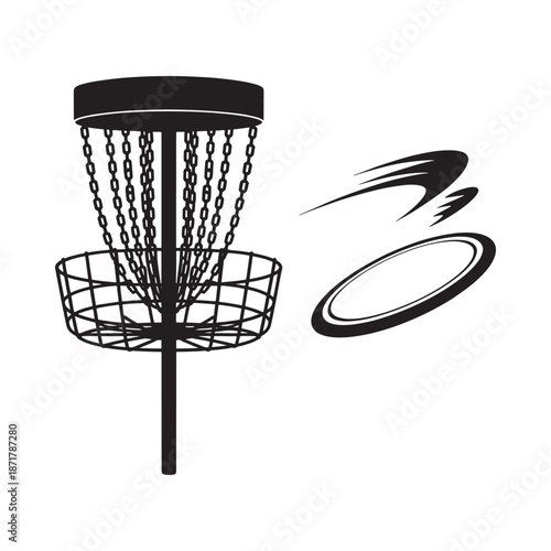 Disc golf basket and flying disc illustration in a simple black and white style