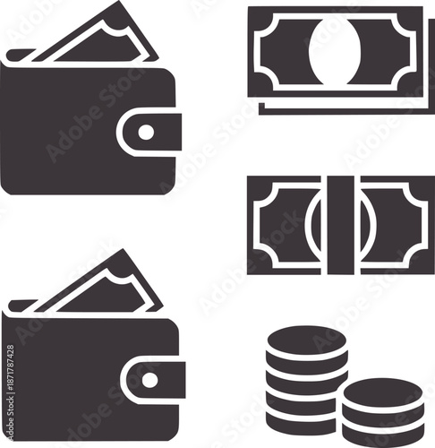 Two wallets with cash and stacks of banknotes and coins money