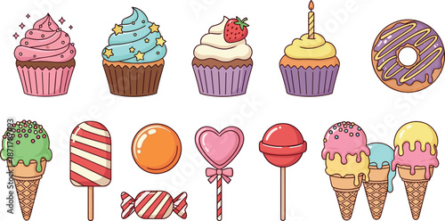 Cute cartoon sweets and desserts collection illustration cupcakes ice cream candy donuts colorful bakery treats vector artwork