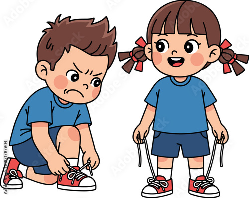 Cute kids learning to tie shoelaces boy and girl daily routine cartoon illustration isolated on white background vector design style