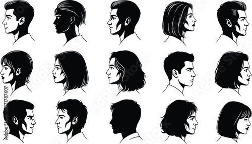 Black and White Male and Female Profile Silhouettes Collection, Minimal Face Side View Vector Illustration Set on White Background