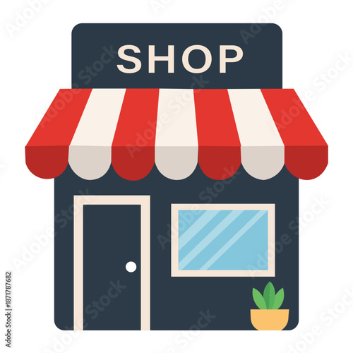 Small retail shop icon with a red and white striped awning and SHOP sign for local business branding e-commerce store and boutique storefront graphics
