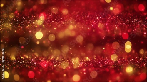 vibrant red and golden glittering particles suspended in air with bokeh lights illuminating an abstract defocused background, featuring a shallow depth of field to emphasize the glittering details
