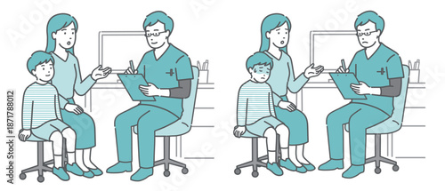 問診と体調不良の男の子と母親セット（男性医師・スクラブ）