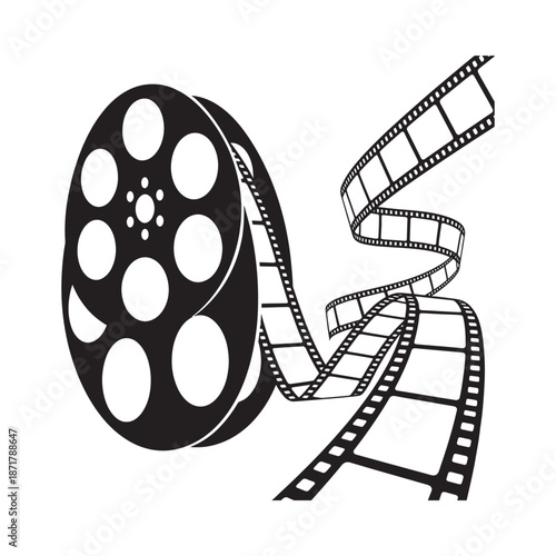 Black and white illustration of a film reel and a strip of movie film