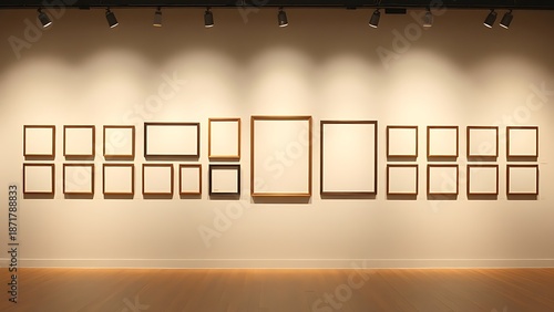 Gallery wall featuring empty frames arranged artistically, illuminated by soft museum lighting.
