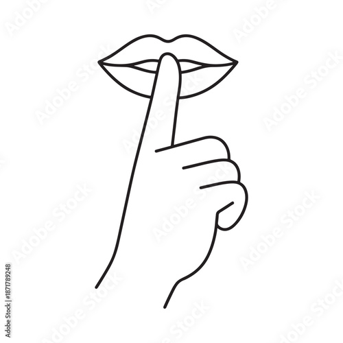 A simple line drawing of a hand gesturing silence to lips