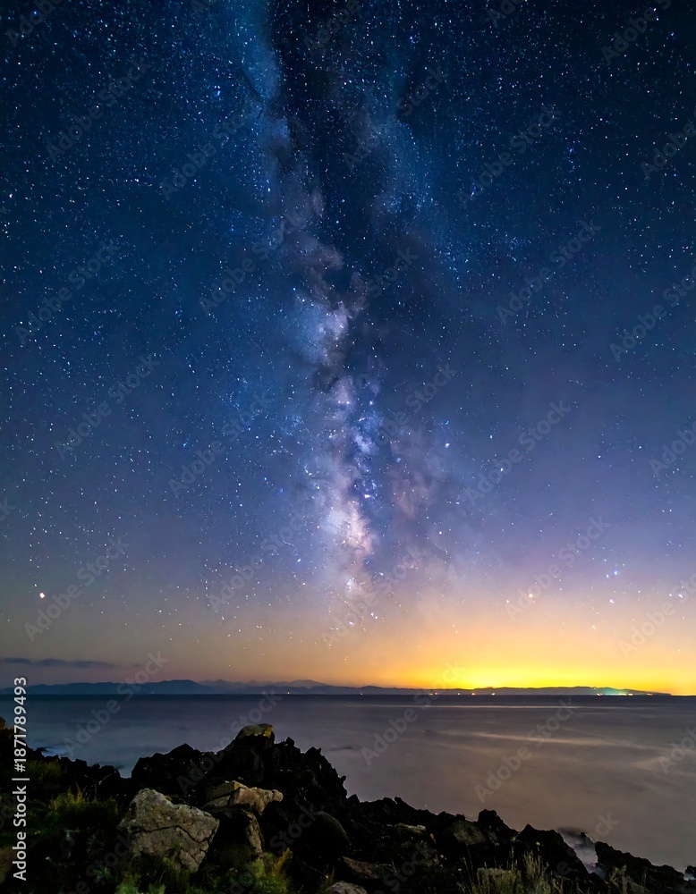 Fototapeta premium Milky Way galaxy over water, with a rocky foreground
