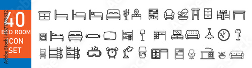 bedroom furniture icons set, thin line vector symbols for interior design, home decor, and sleeping furniture items