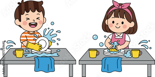 Cute kids washing dishes together learning household chores happy boy and girl cartoon illustration isolated on white background vector design