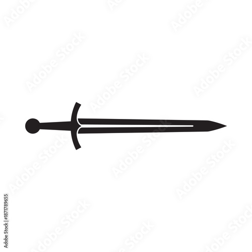 A simple black silhouette of a classic medieval sword on a white background