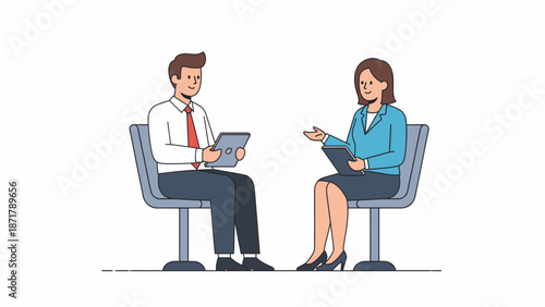 Business meeting illustration depicting two professionals discussing work while seated and holding tablets